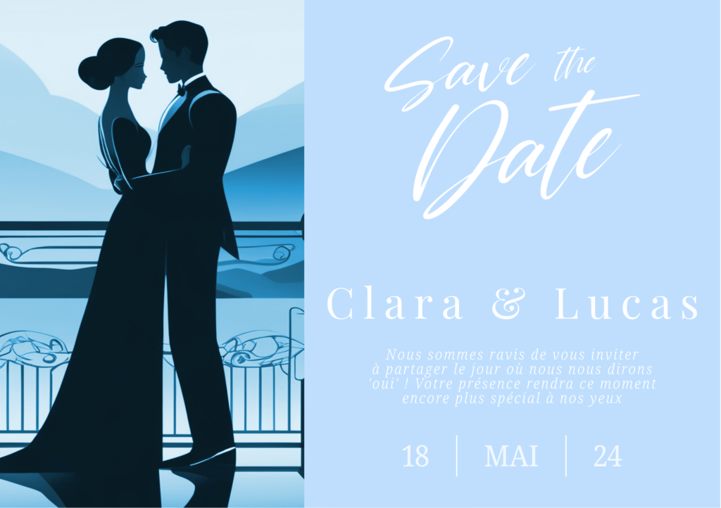 Save the Date romantique en bleu pour Clara & Lucas